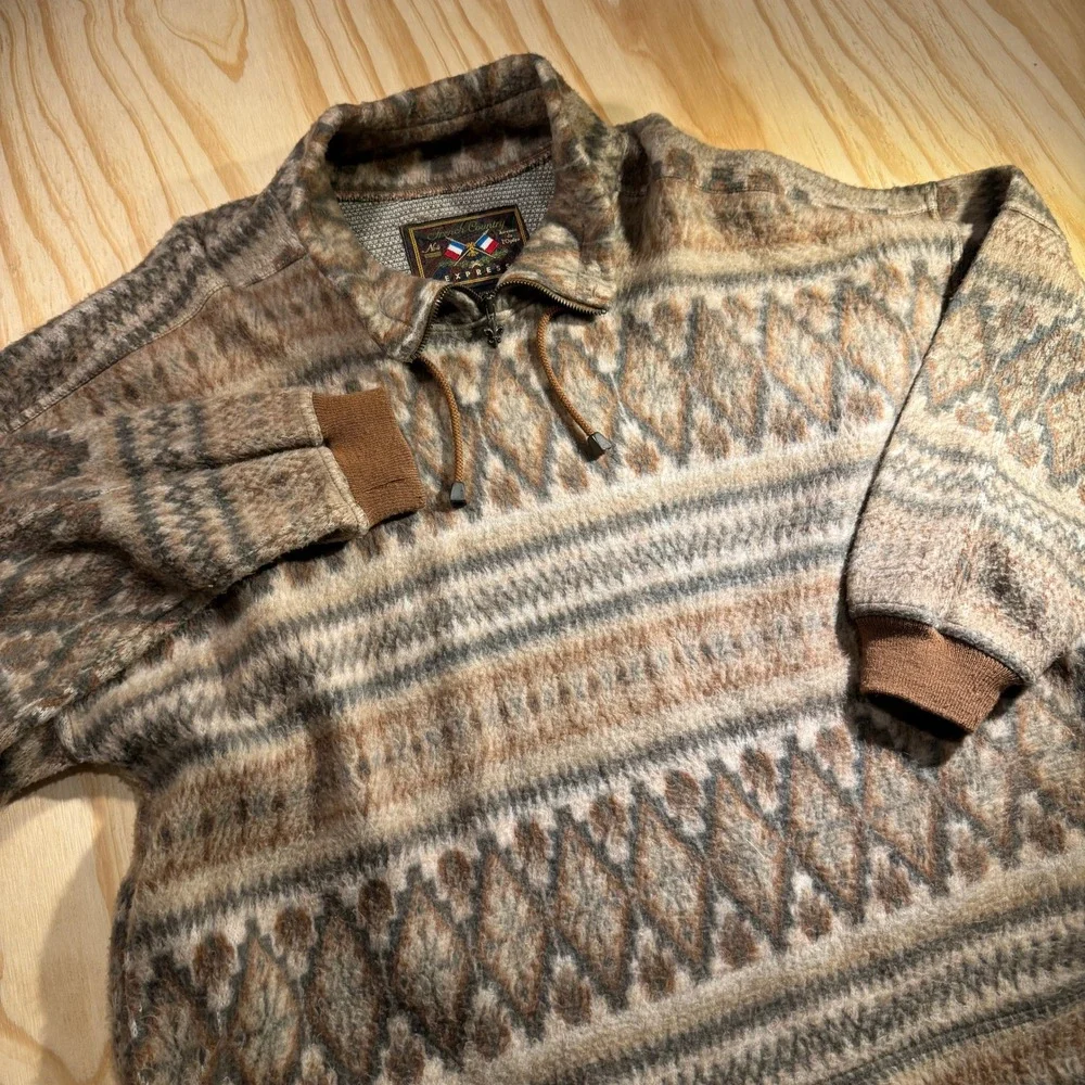 Express French Country Men's Aztec Fleece Quarter Zip Pullover Brown Knit Large